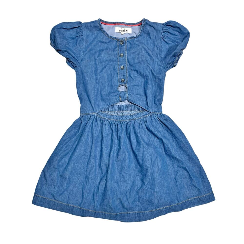 MINI BODEN Tie Front Woven Chambray Short-Sleeve Blue Dress Girls' Size 7-8Y